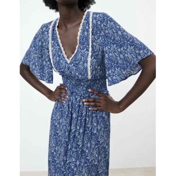 Zara Floral-Print Flutter-Sleeve Smocked-Waist Ruffled Midi Dress Small - Picture 3 of 9